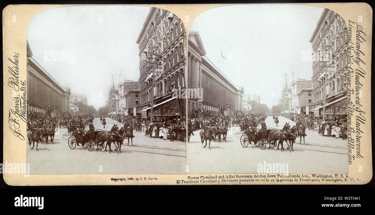 Grover Cleveland and Adlai Stevenson Driving down Pennsylvania Ave., Washington, USA, Stereo Card, J.F. Jarvis Publishers, Sold by Underwood & Underwood, 1893 Stock Photo