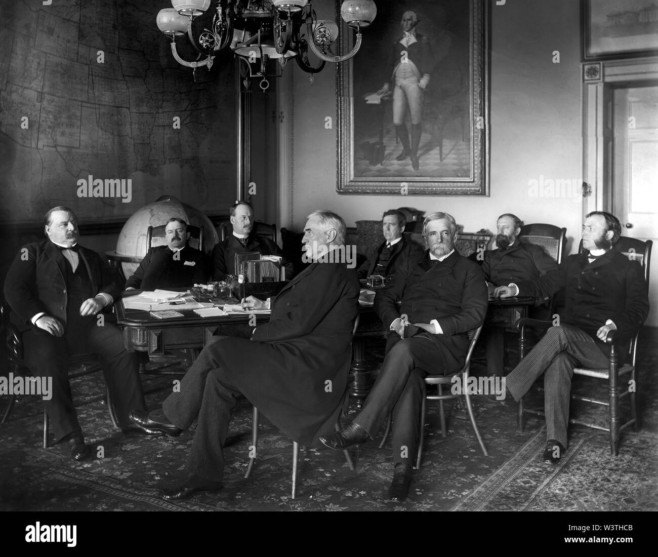 U.S. President Grover Cleveland with members of his Cabinet, L-R: President Grover Cleveland; Charles S. Fairchild, Secretary of the Treasury; William C. Whitney, Secretary of the Navy; Augustus H. Garland, Attorney General; Thomas F. Bayard, Secretary of State; William C. Endicott, Secretary of War; William F. Vilas, Secretary of the Interior; and Donald M Dickinson, Postmaster General, Photograph by Charles Milton Bell, Washington DC, USA, 1889 Stock Photo