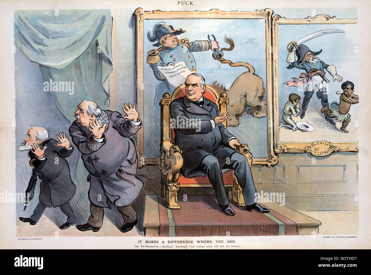 'It Makes a Difference Where you Are', Political Cartoon featuring President William McKinley sitting on Chair with two Paintings Hanging on the Wall Illustrating the Foreign Policies of former Presidents Benjamin Harrison and Grover Cleveland, who are both Walking Away, Artwork by Udo J. Keppler, Puck Magazine, Keppler & Schwarzmann, February 20, 1901 Stock Photo