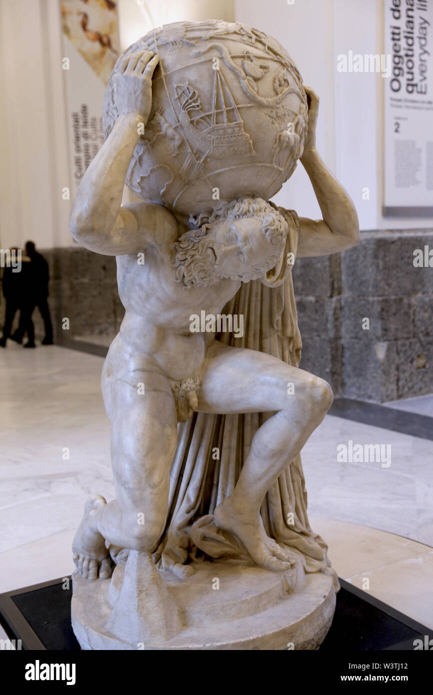 Farnese Atlas, marble sculpture. 2nd century AD. Roman copy of an Hellenistic original. National Archaeological Museum,Naples. Stock Photo