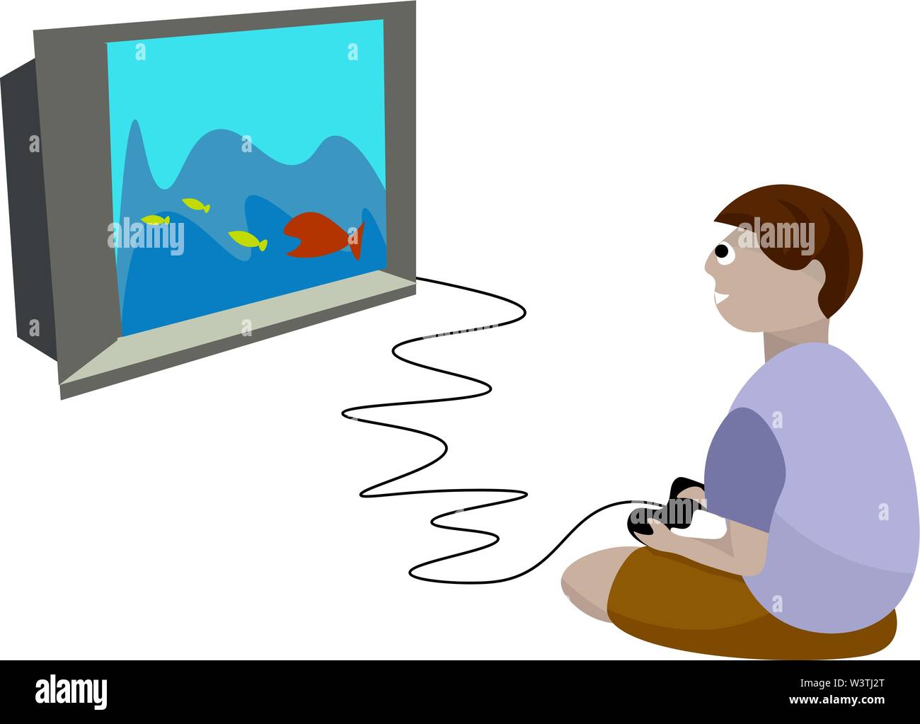 Boy playing video games, illustration, vector on white background. Stock Vector