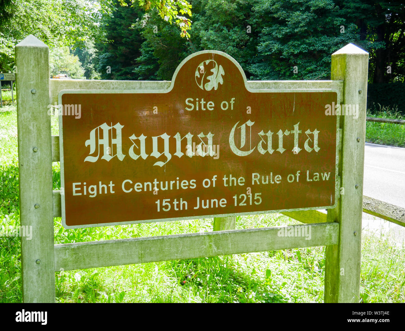 Site of Magna Carta Sign, Rule of Law, Runnymede, Surrey, England, UK, GB. Stock Photo