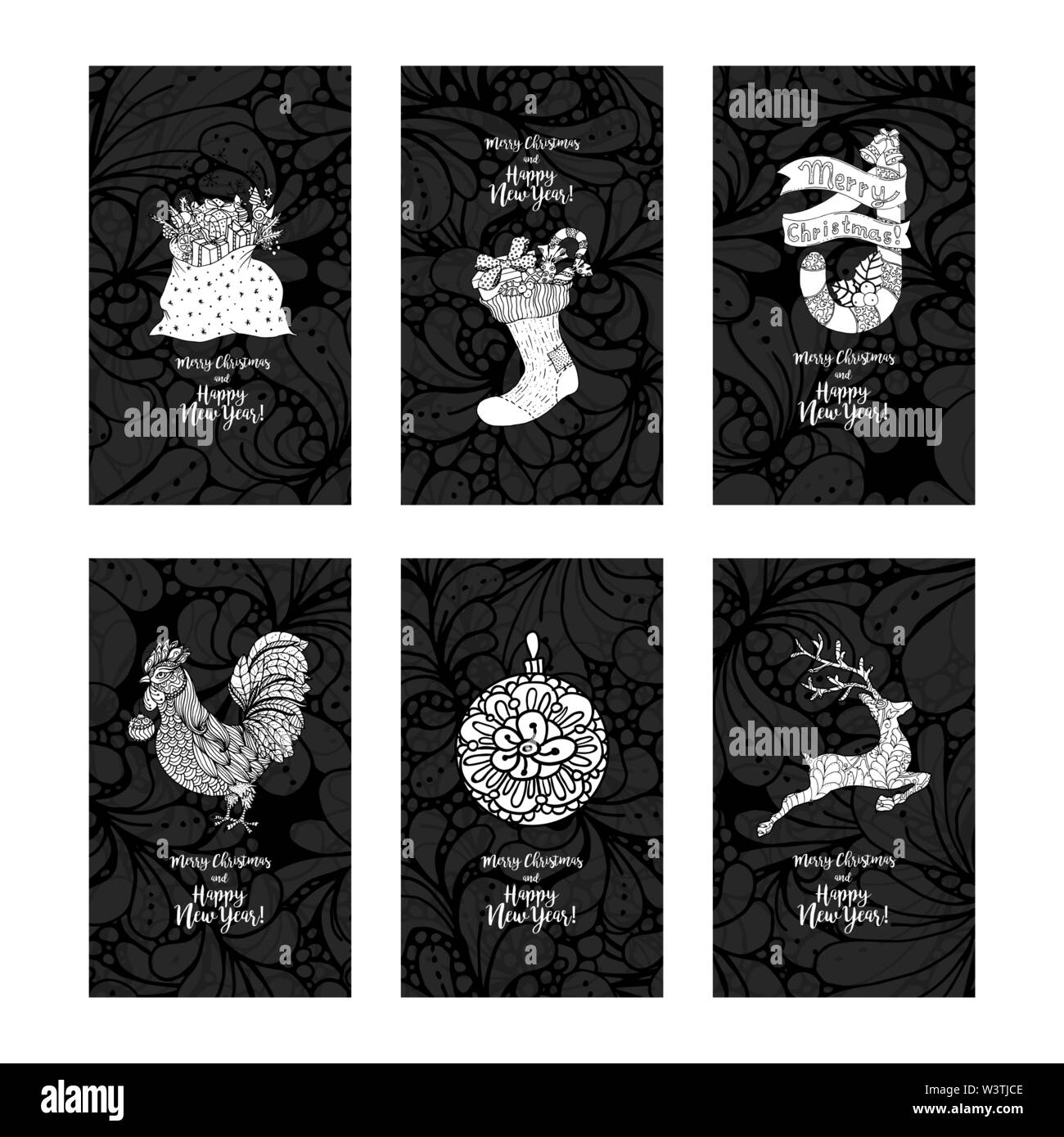 Greeting card set for New Year and Christmas. Hand drawn doodles elements. Vertical vector Stock Vector