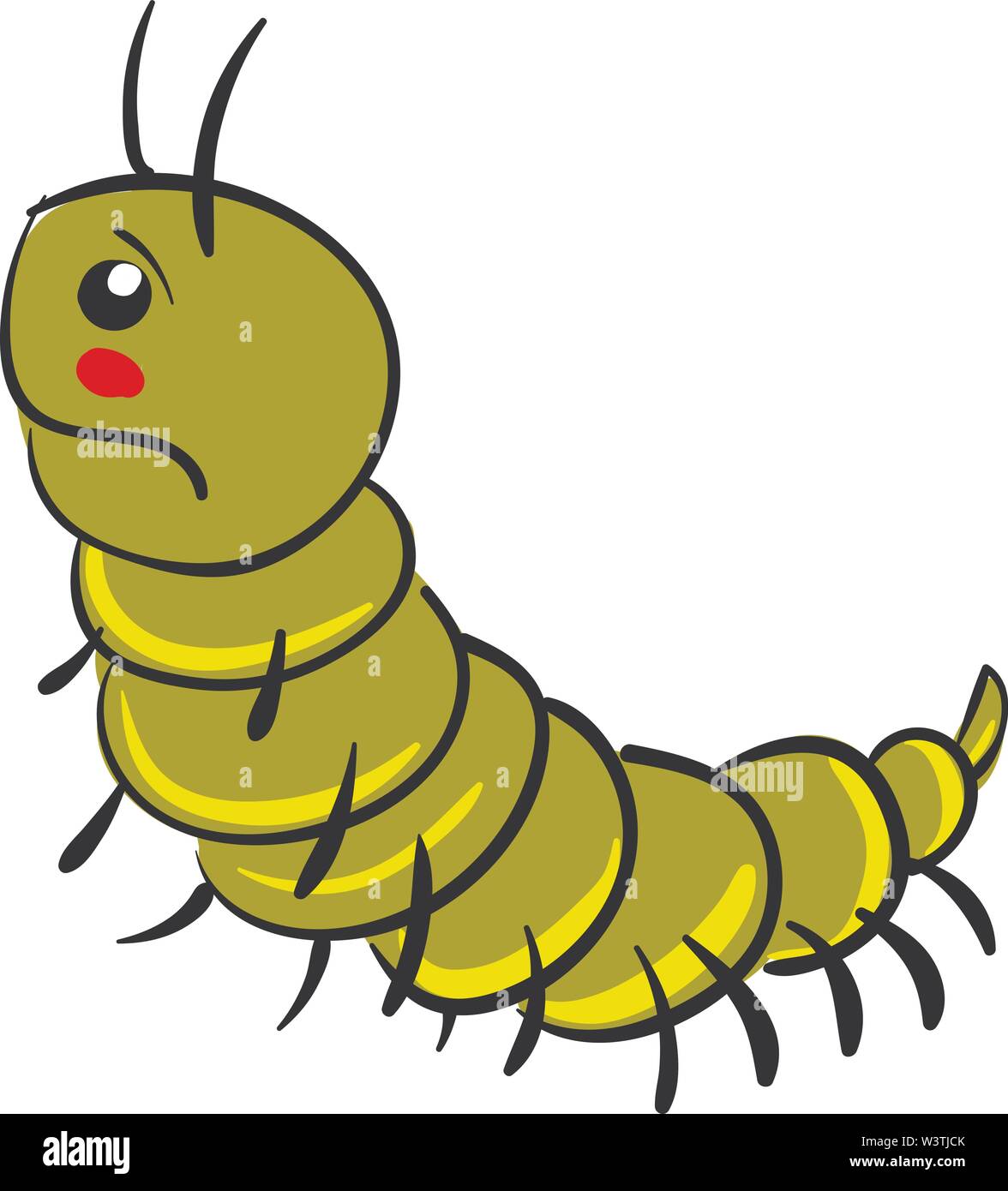 Sad green centipede, illustration, vector on white background. Stock Vector
