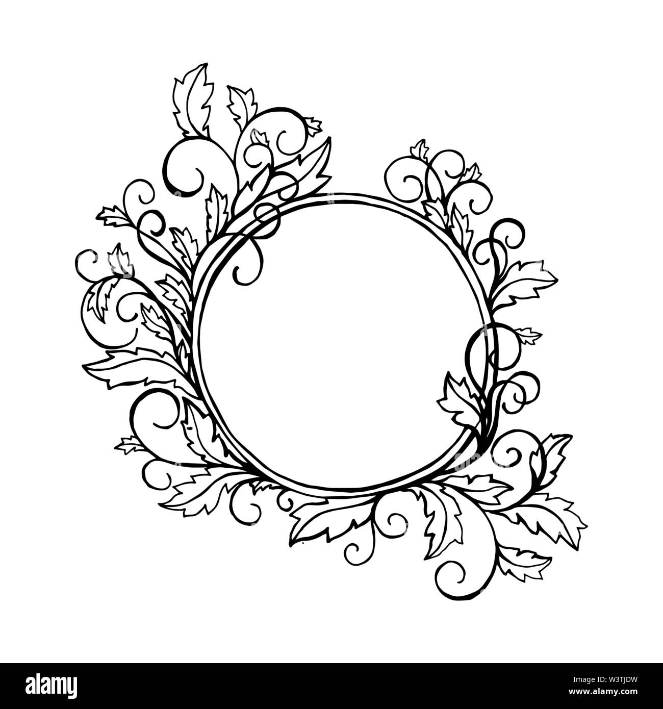 Round frame with curly ornamental border. For picture or photo. Black element, coloring book page cover design. Vector isolated illustration Stock Vector