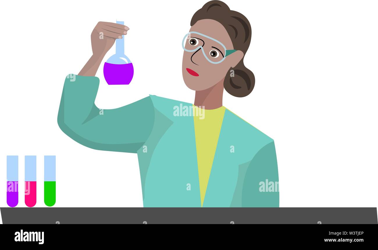 Chemist doing research, illustration, vector on white background. Stock Vector