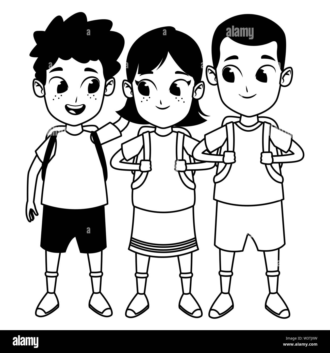 childhood cute school students cartoon in black and white Stock Vector ...