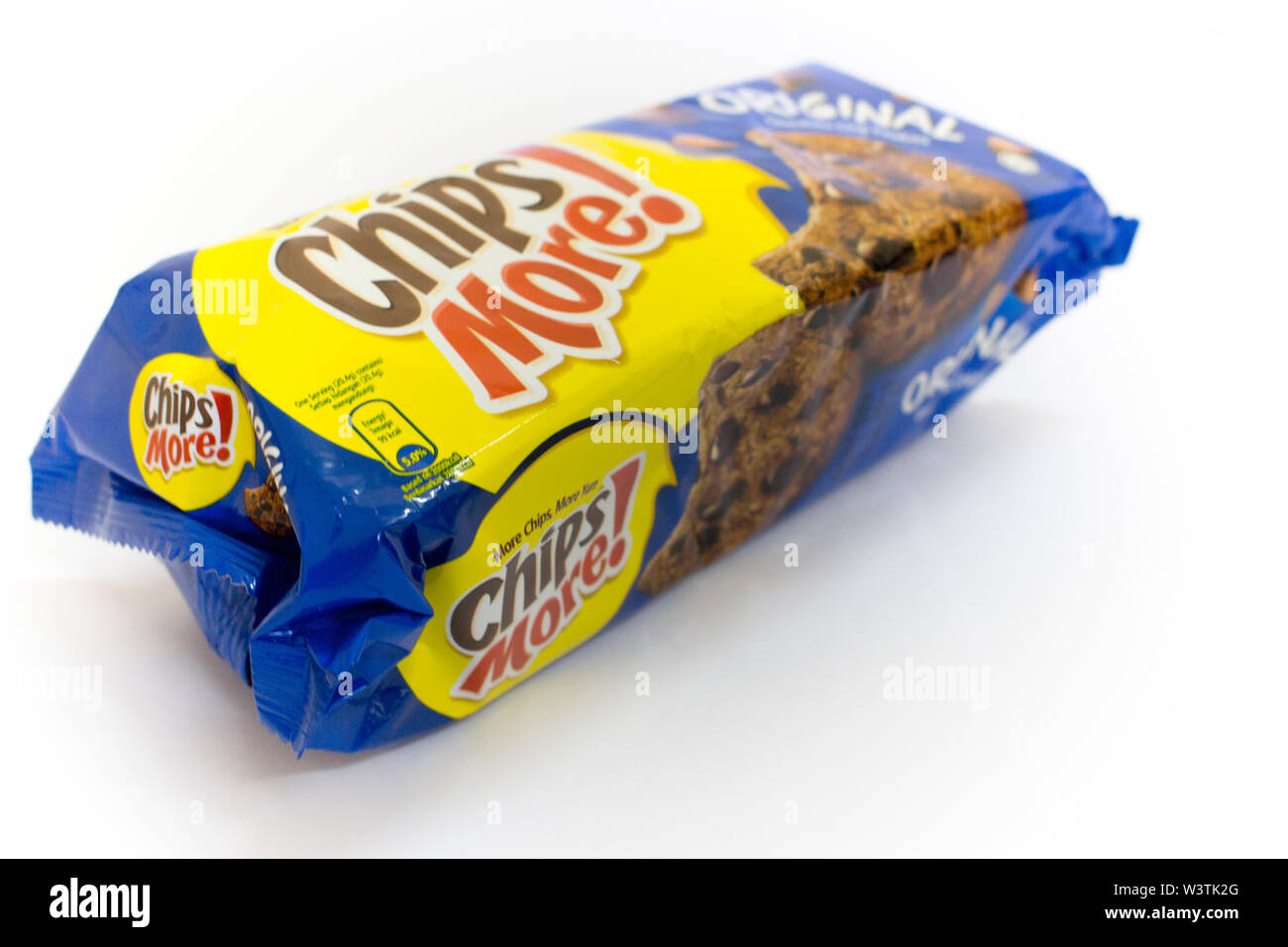 An isolated packet of original blue flavour of Chips more, a chocolate