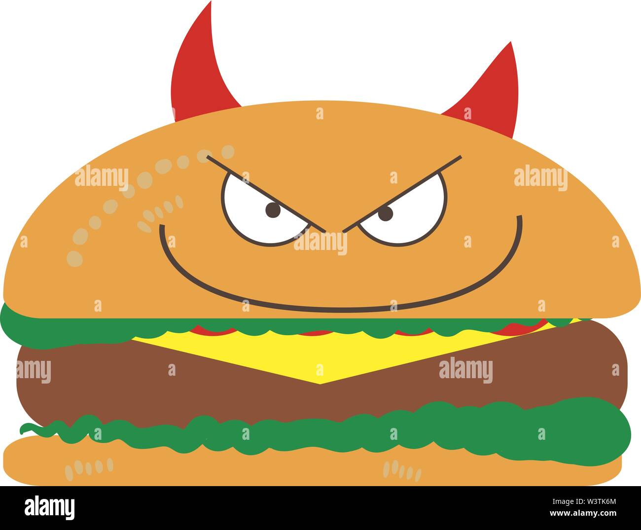 Evil looking hamburger, illustration, vector on white background. Stock Vector