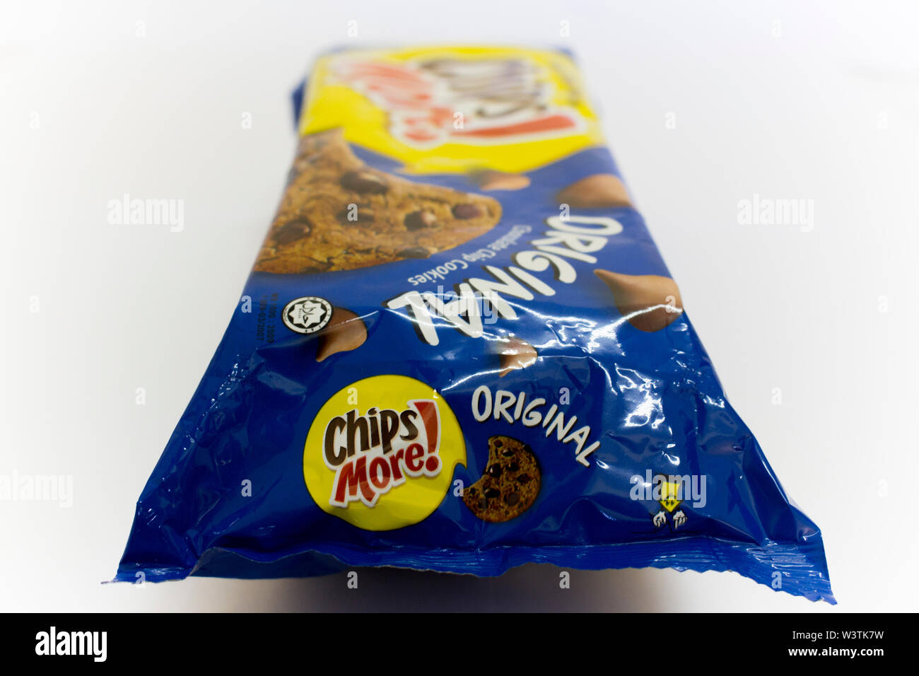 An isolated packet of original blue flavour of Chips more, a chocolate