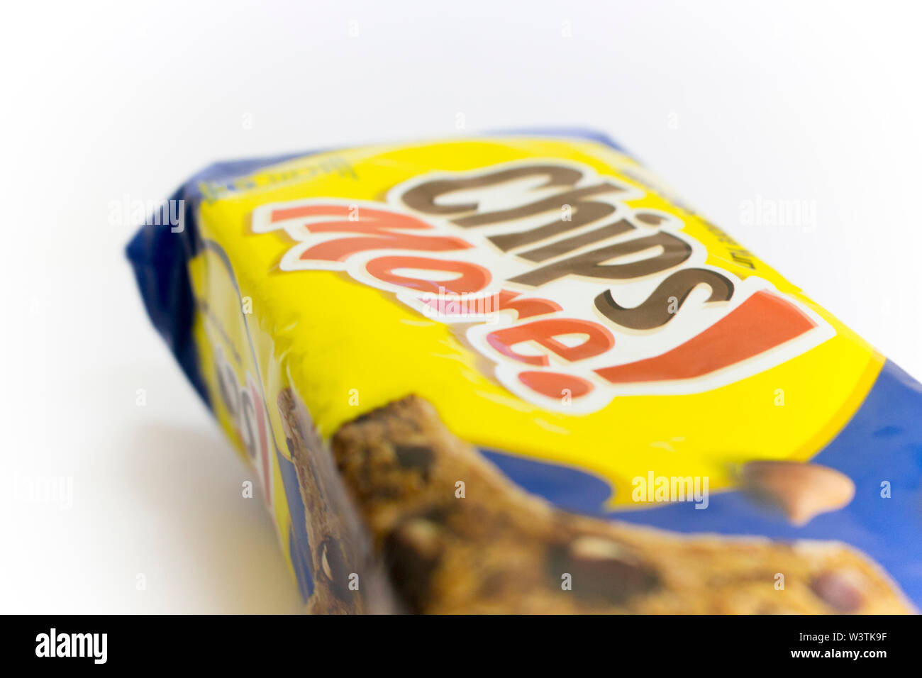 An isolated packet of original blue flavour of Chips more, a chocolate