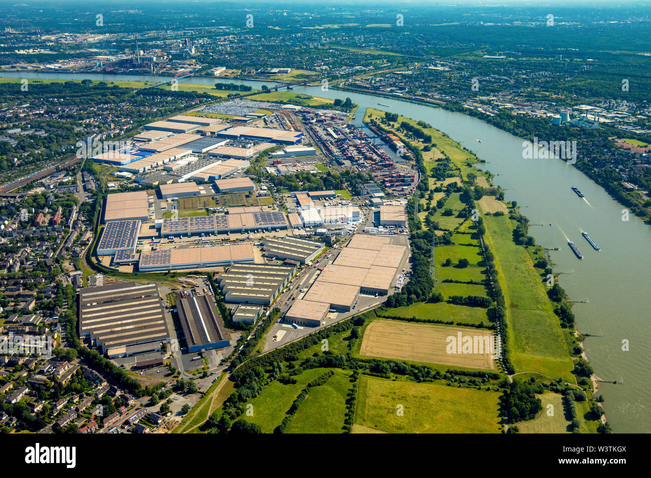 Aerial view of the logistics area Logport Rheinhausen, Logport 1 on the Rhine with Rheinhafen Rheinhausen, DIT Duisburg Intermodal Terminal GmbH, D3T Stock Photo