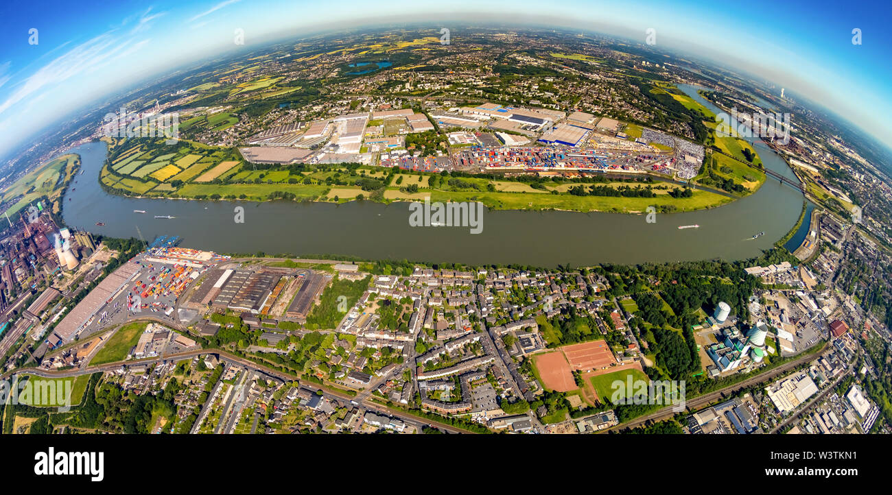 Aerial photo, as fisheye photo of the logistics area Logport Rheinhausen, Logport 1 on the Rhine with Rheinhafen Rheinhausen, DIT Duisburg Intermodal Stock Photo