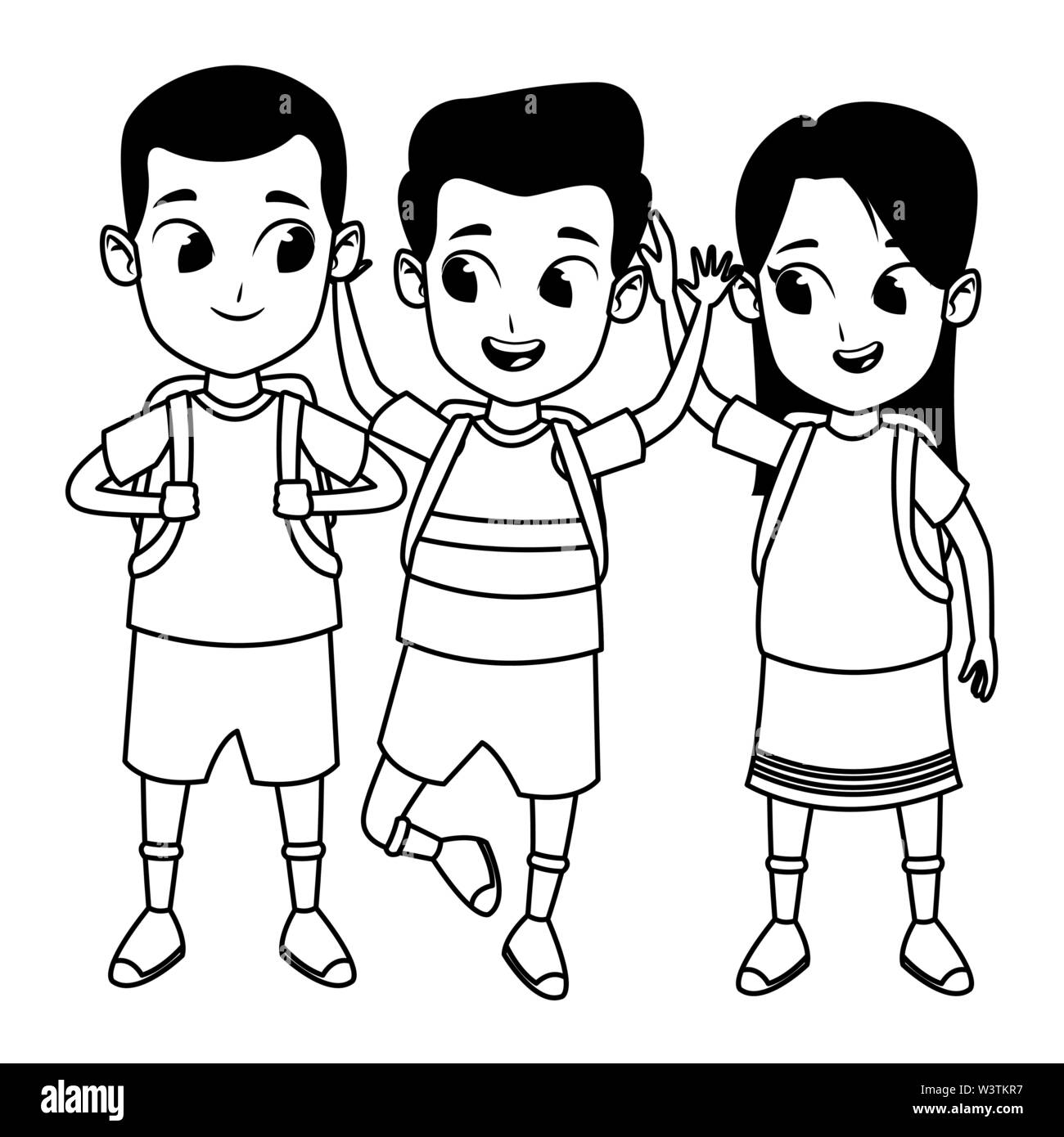 childhood cute school students cartoon in black and white Stock Vector
