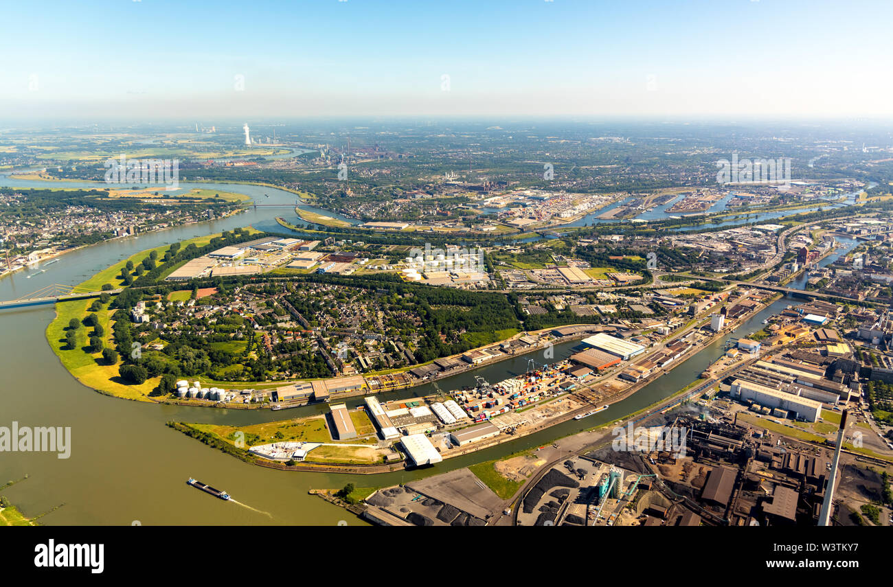 Aerial photograph of the logistics area Neuenkamp am Rhein with mouth canal inner harbour and Rhenus Port Logistics Rhein-Ruhr GmbH in Duisburg in the Stock Photo