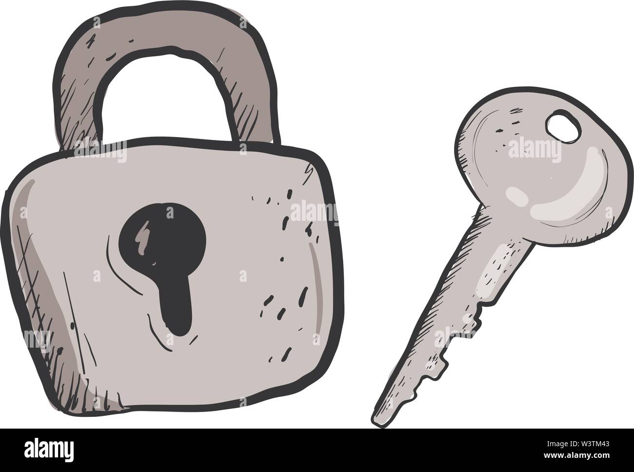 Grey lock and key, illustration, vector on white background Stock ...