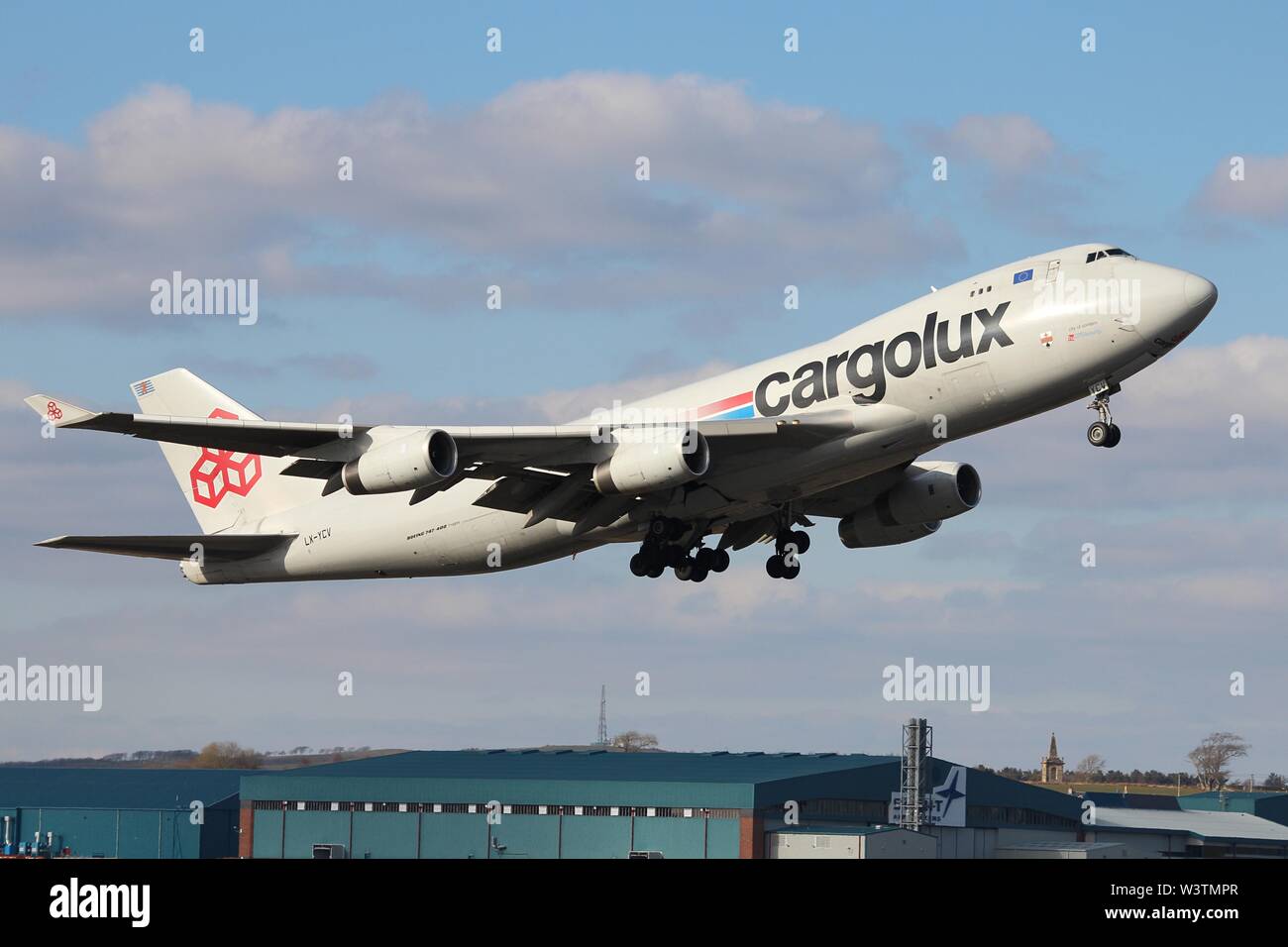 LX-YCV, a Boeing 747-400 cargo aircraft operated by freight carrier Cargolux Airlines, departing from Prestwick Airport in Ayrshire. Stock Photo