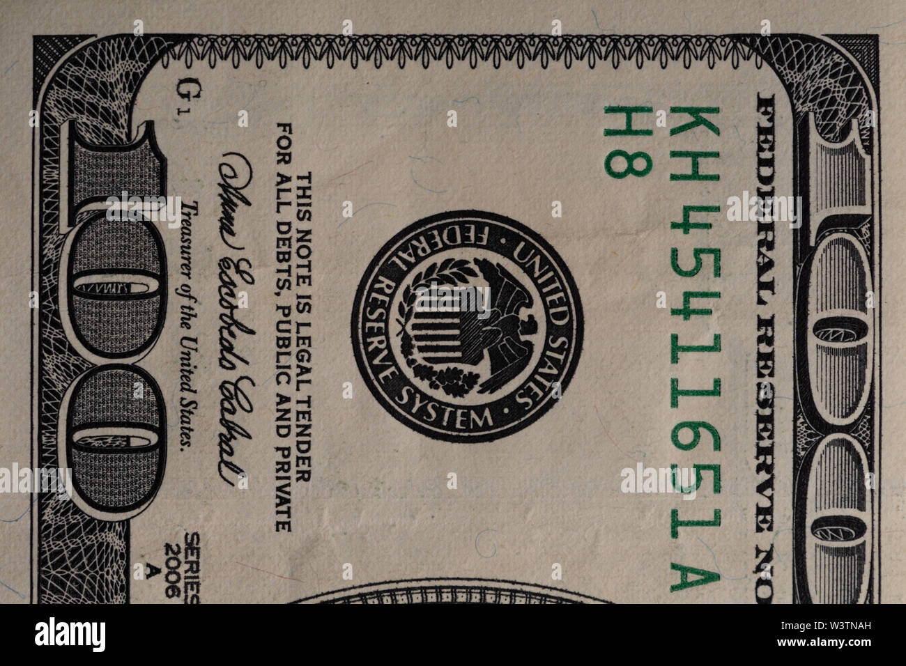 A fragment of a bill of 100 US dollars Stock Photo