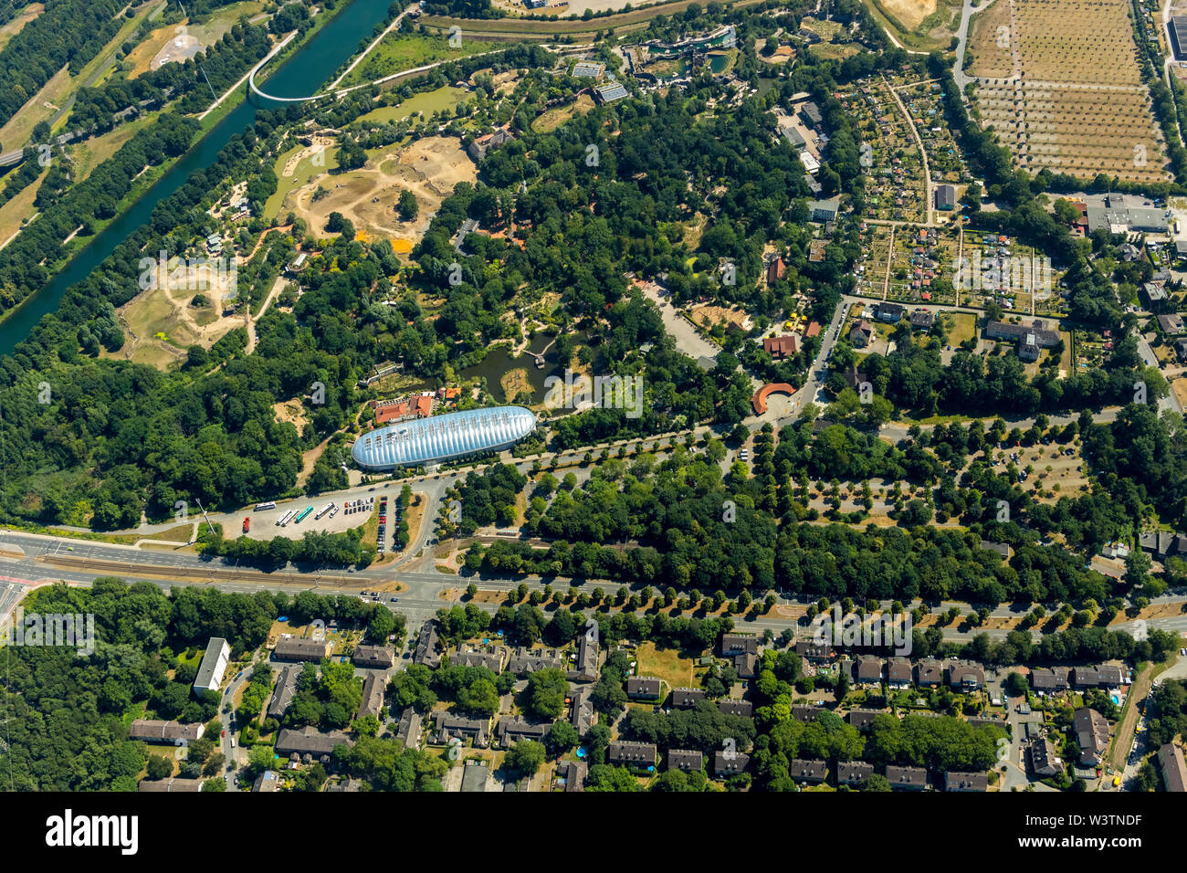 , Aerial view of the Zoo Gelsenkirchen ZOOM Experience world with Africa, Asia and Alaska areas, playgrounds, boat tours and restaurants in Gelsenkirc Stock Photo