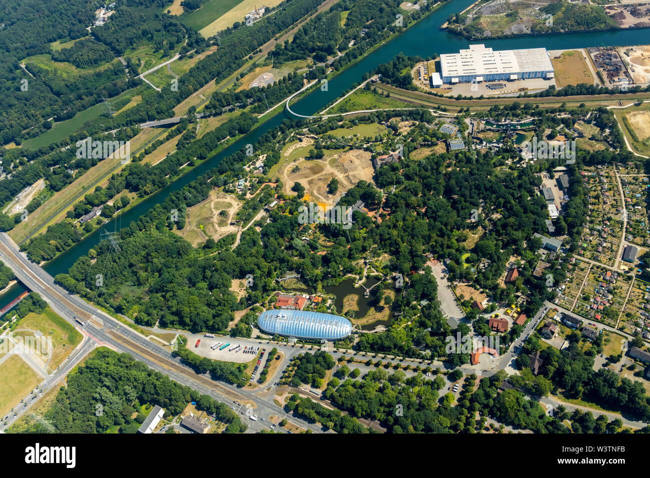 , Aerial view of the Zoo Gelsenkirchen ZOOM Experience world with Africa, Asia and Alaska areas, playgrounds, boat tours and restaurants in Gelsenkirc Stock Photo