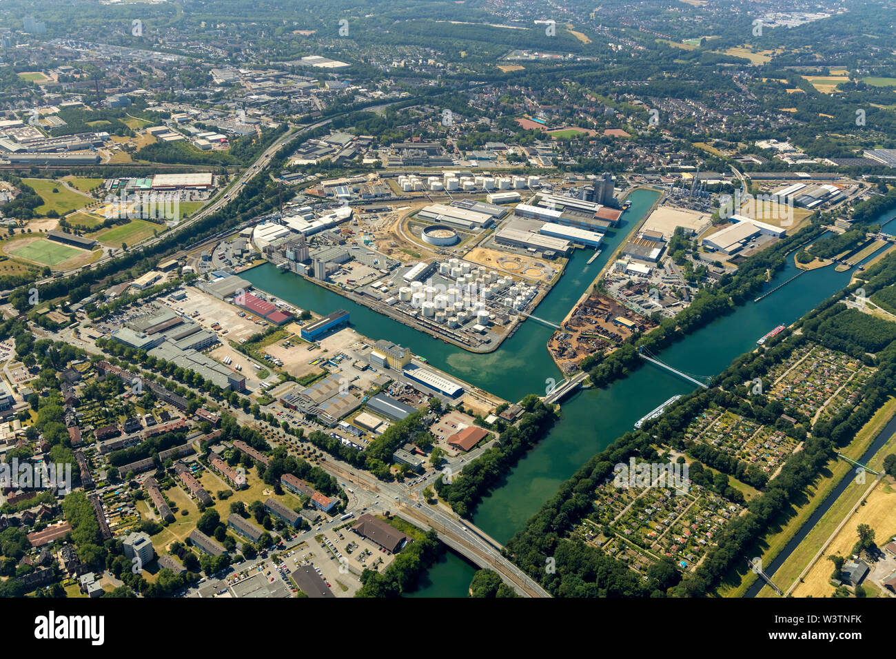 Aerial photo of the city harbour Gelsenkirchen, large inland port at the Rhein-Herne-Kanal in Gelsenkirchen in the Ruhr area in North Rhine-Westphalia Stock Photo