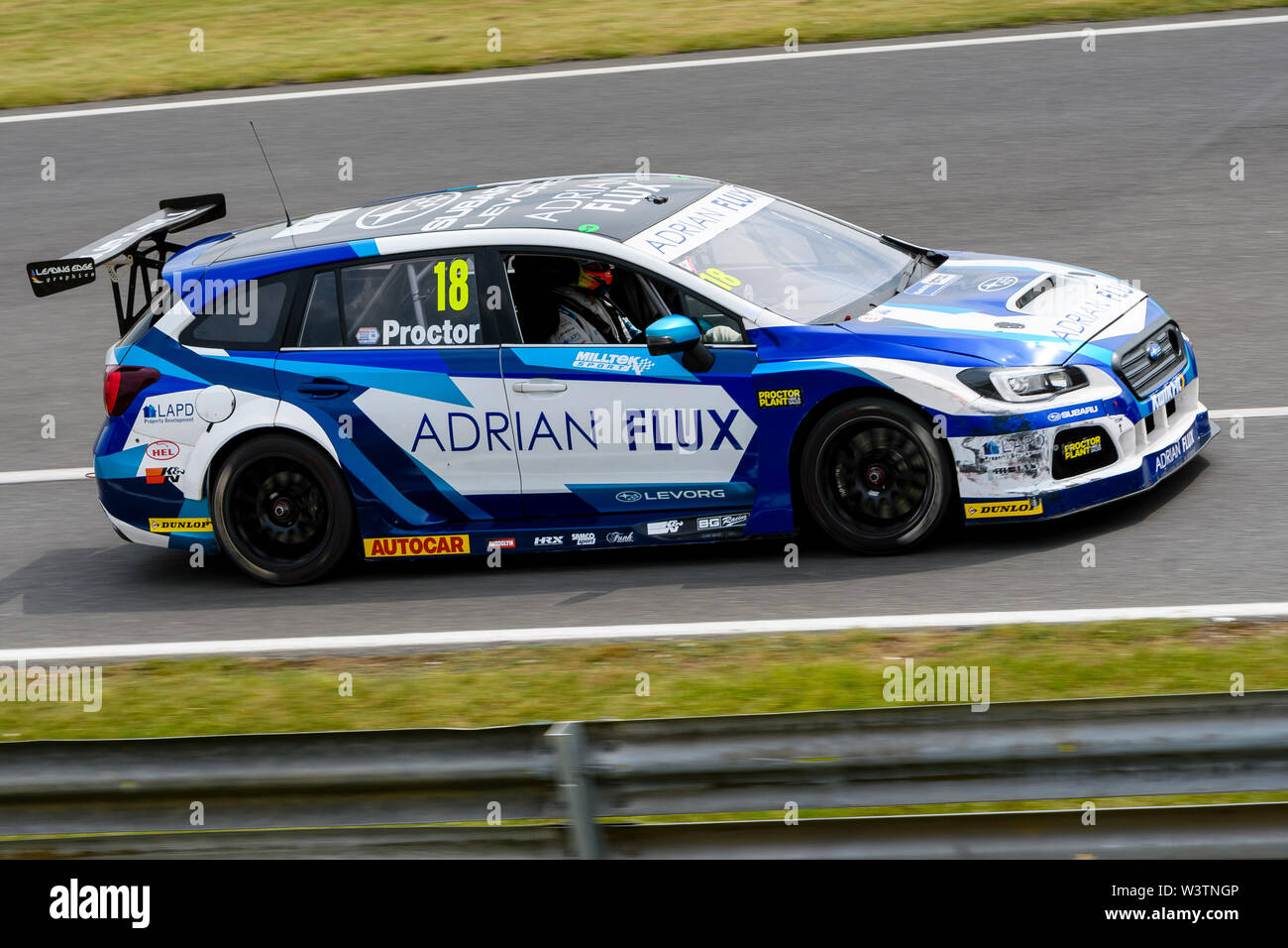 Snetterton, UK. 17 July, 2019. Kwik Fit British Touring Car Championship's summer test at Snetterton on the 17th August 2019 ahead of the series' triple-header race event on 3/4 August. Pictured is Senna Proctor driving the Adrian Flux Subaru Racing Subaru Levorg  Credit: Mark Bullimore/Alamy Live News Stock Photo