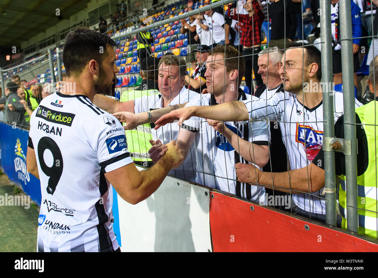 Riga, Latvia. 17th July 2019. Patrick Hoban meets with his team DUNDALK FC fans, after win at penalities UEFA Champions League 1st round 2nd leg football game between RIGA FC and DUNDALK FC. Skonto stadium, Riga Credit: Gints Ivuskans/Alamy Live News Stock Photo