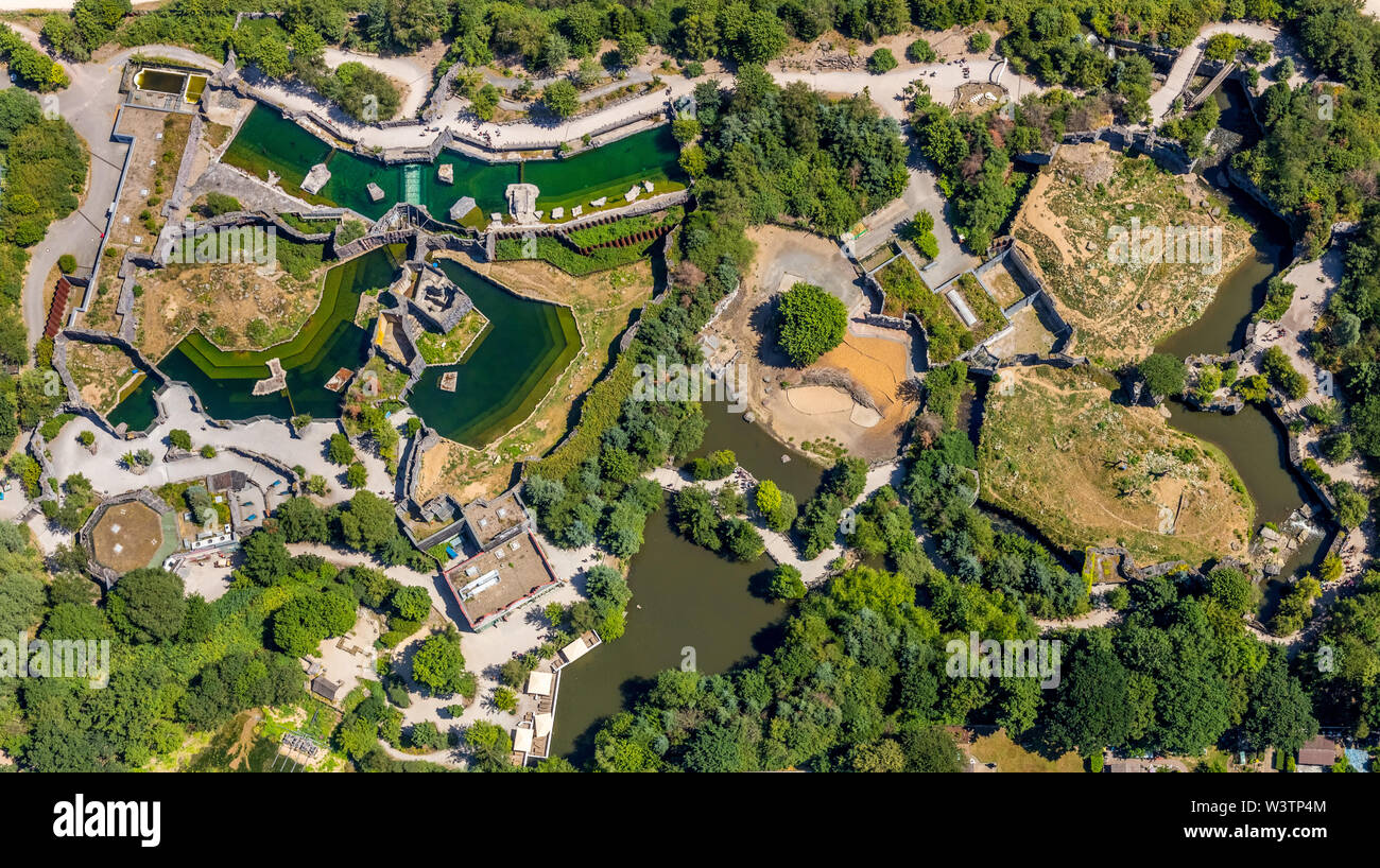 Aerial view of the Zoo Gelsenkirchen ZOOM Experience world with Africa, Asia and Alaska areas, playgrounds, boat tours and restaurants in Gelsenkirche Stock Photo