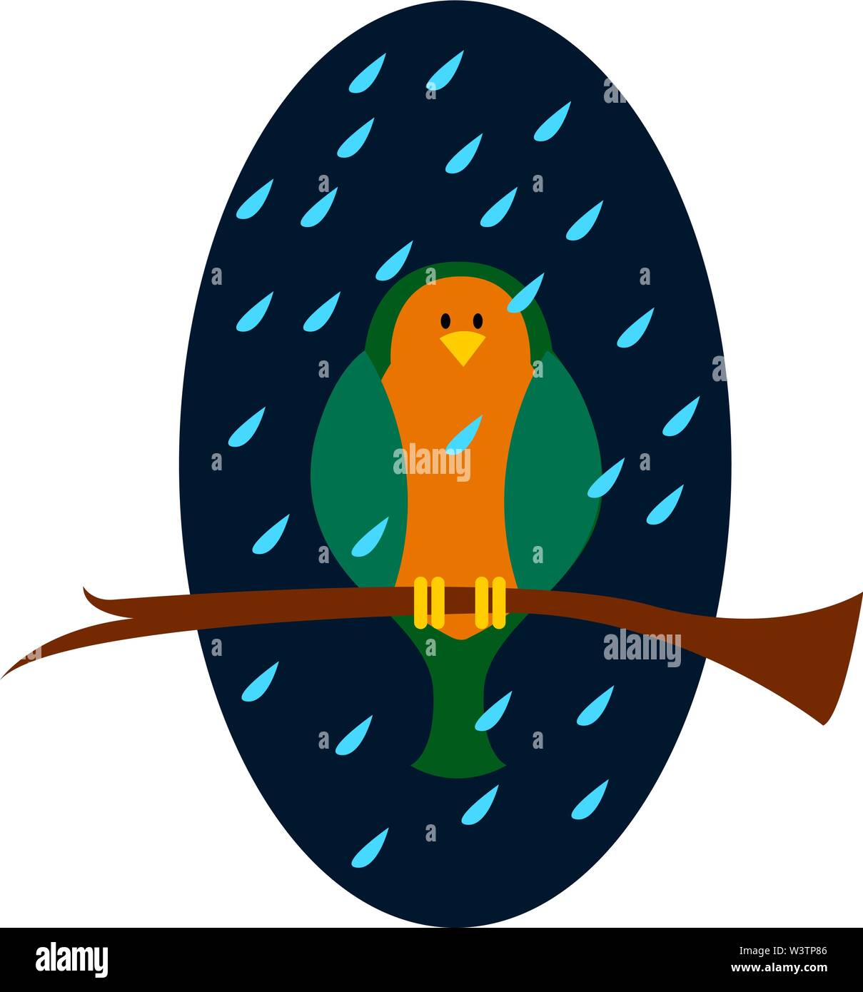 Bird sitting in the rain, illustration, vector on white background. Stock Vector