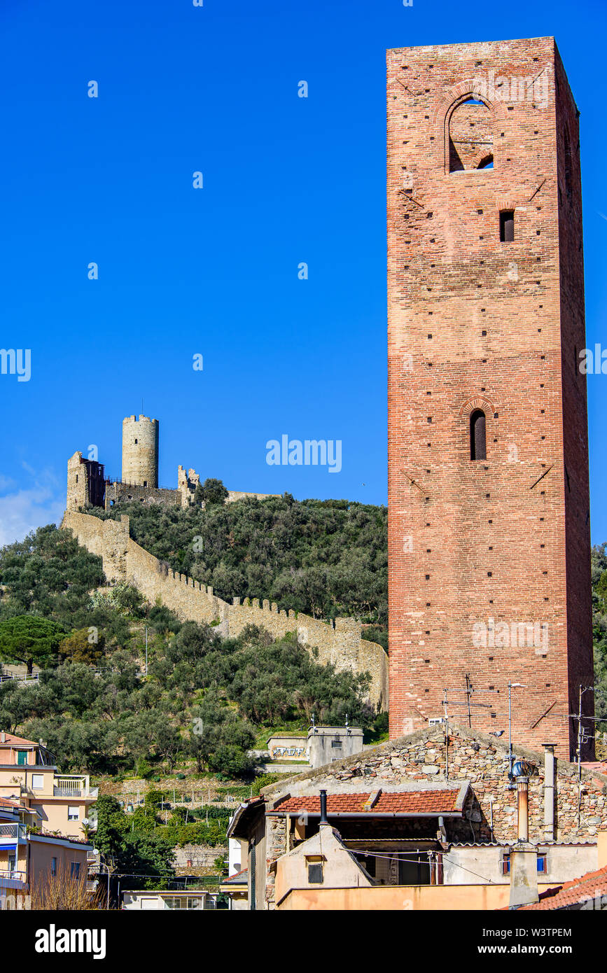 Ancient Tower and Monte Ursino Castle in the old village of Noli on the ...