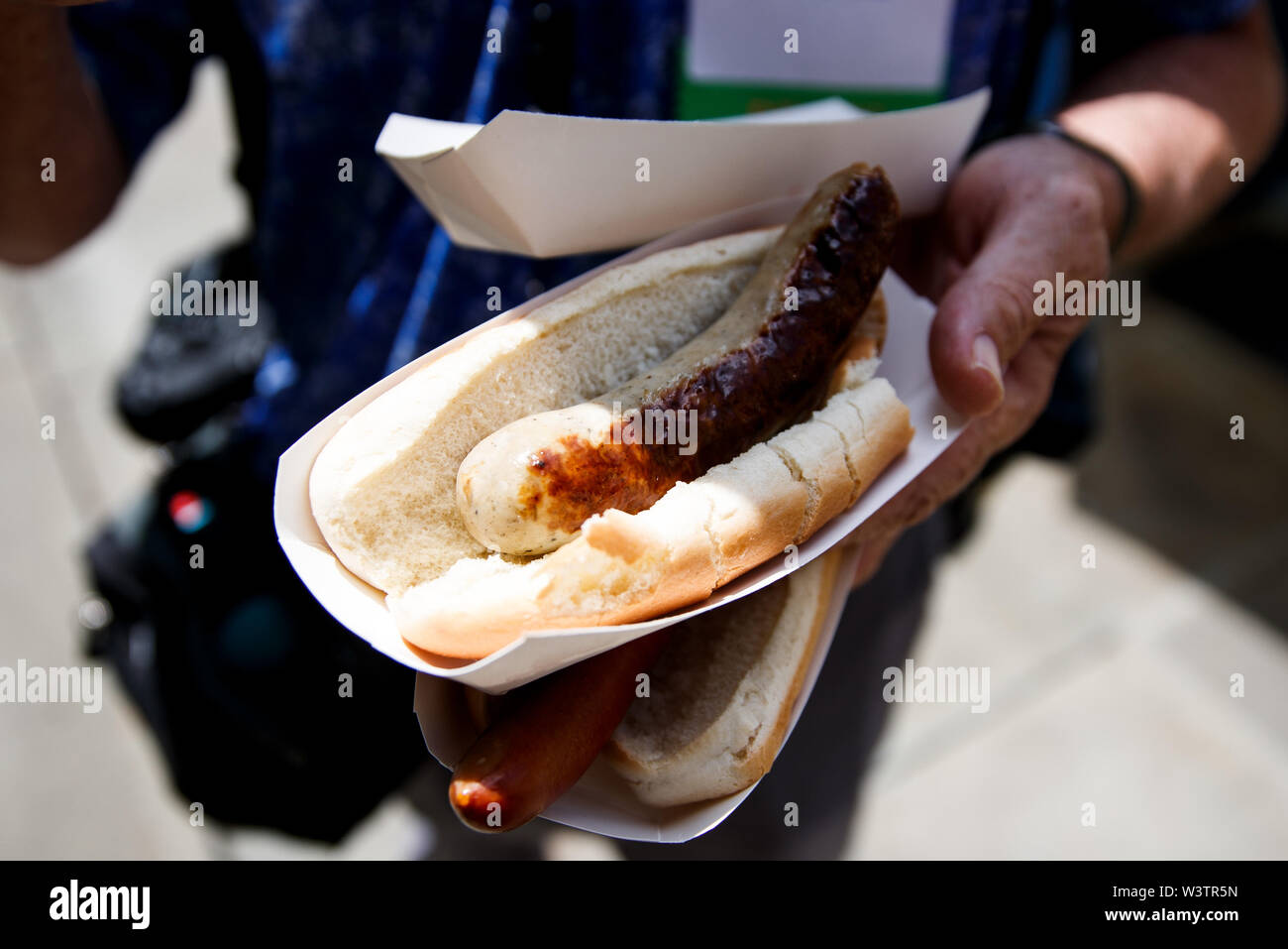 Washington, USA. 17th July, 2019. A hot dog is seen during the annual Hot Dog Lunch event at the Rayburn House Office Building on Capitol Hill in Washington, DC, the United States, on July 17, 2019. The event was held here on Wednesday in celebration of the National Hot Dog Day. Credit: Ting Shen/Xinhua/Alamy Live News Stock Photo