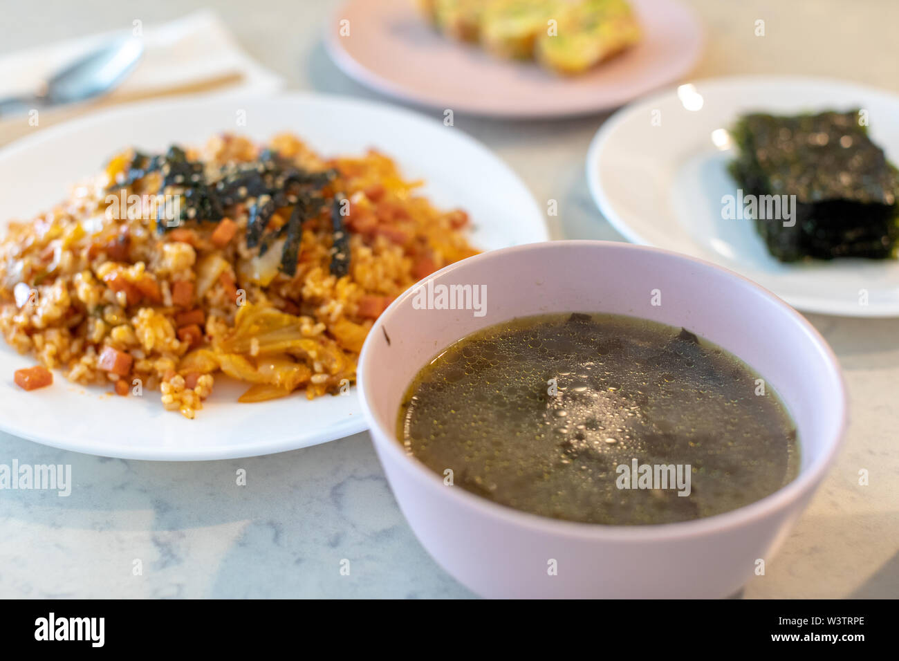 Seaweed soup and Kimchi fried rice, Homemade Korean food Stock Photo Alamy