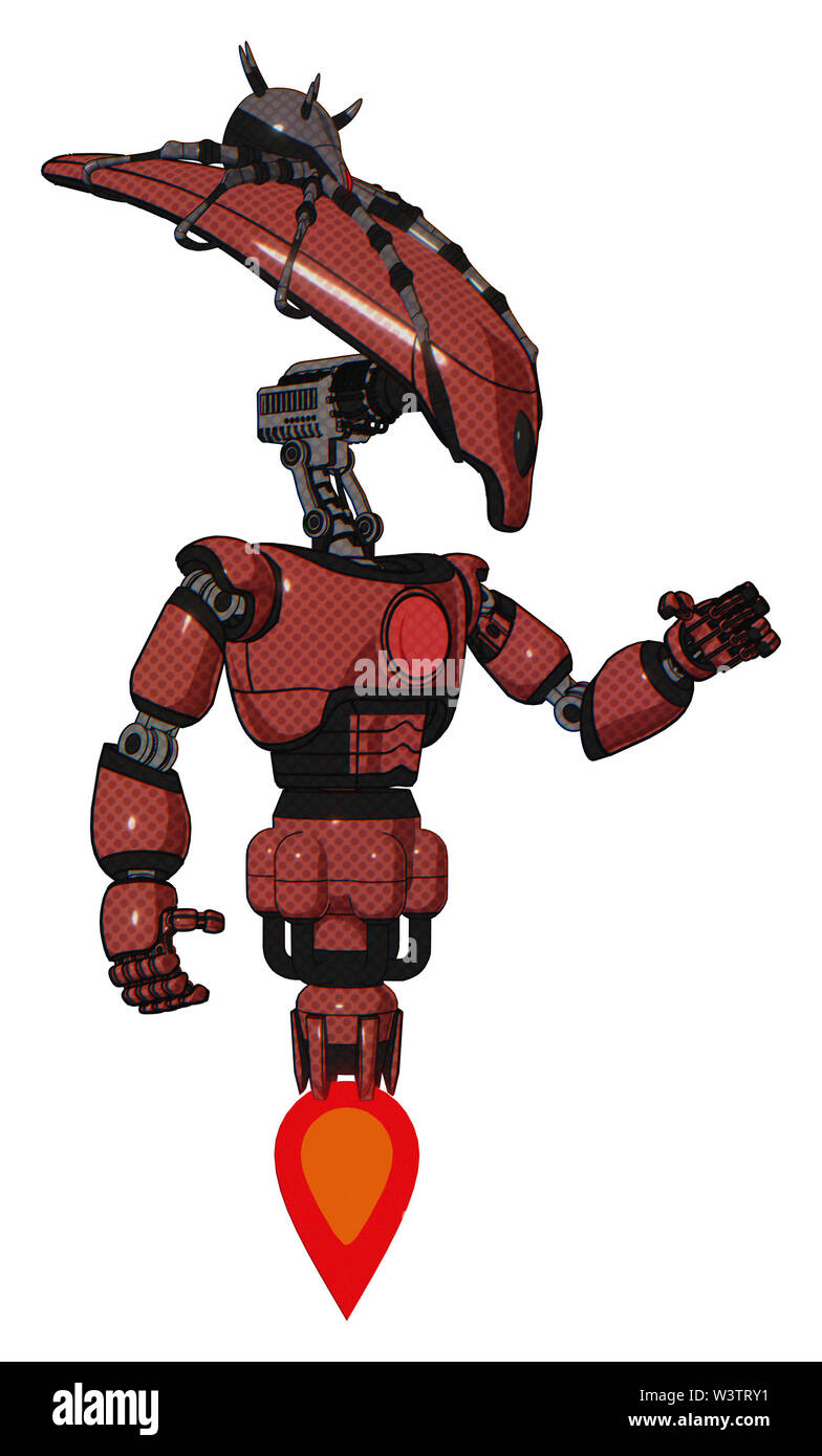 Android containing elements: flat elongated skull head, spider crown, light chest exoshielding, red chest button, jet propulsion. Material: light... Stock Photo