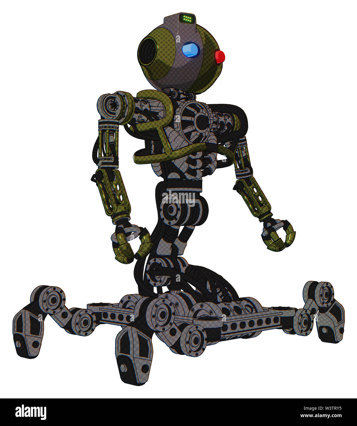 Mech containing elements: oval wide head, giant blue and red led eyes ...