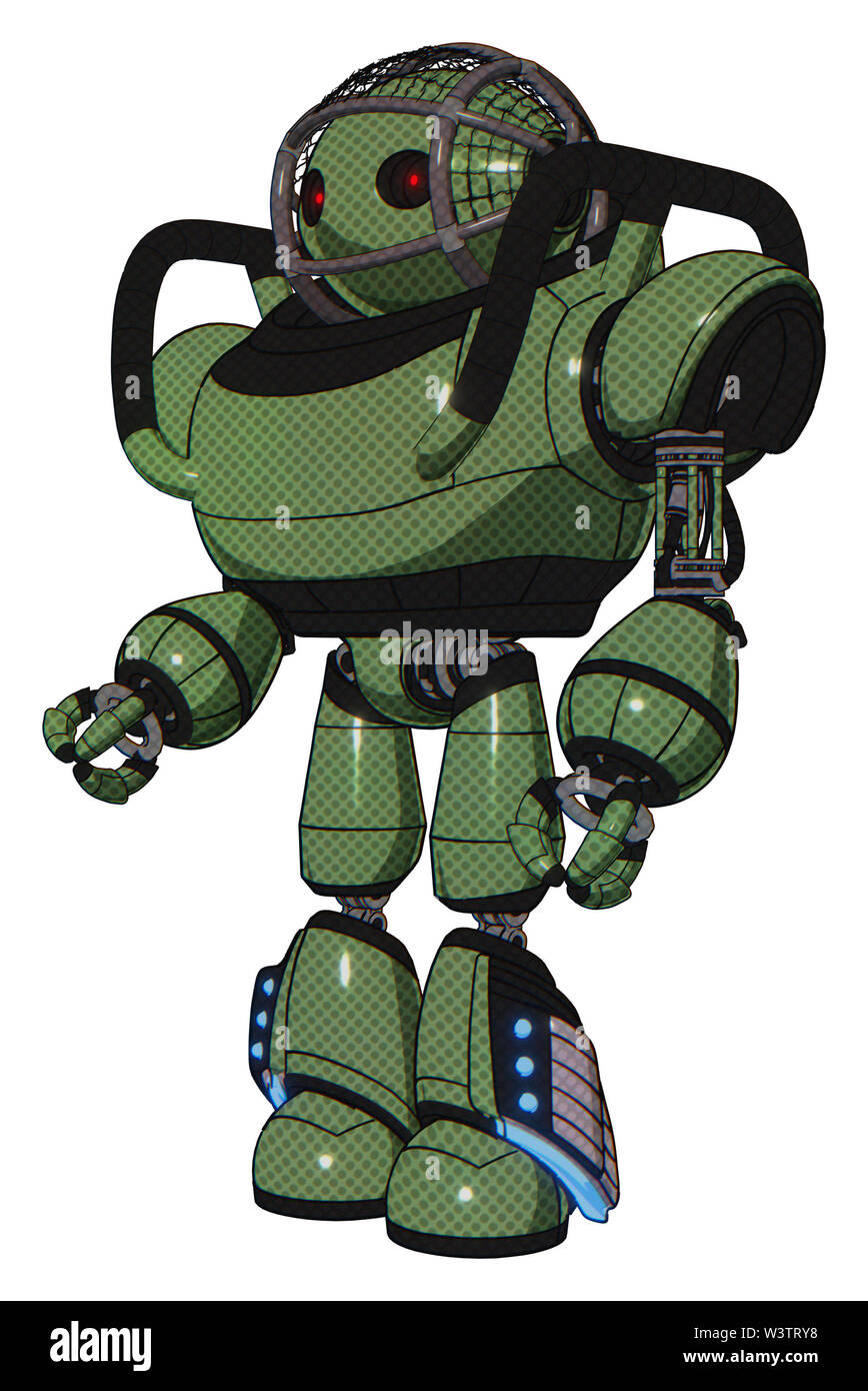 Robot containing elements: oval wide head, small red led eyes, barbed ...