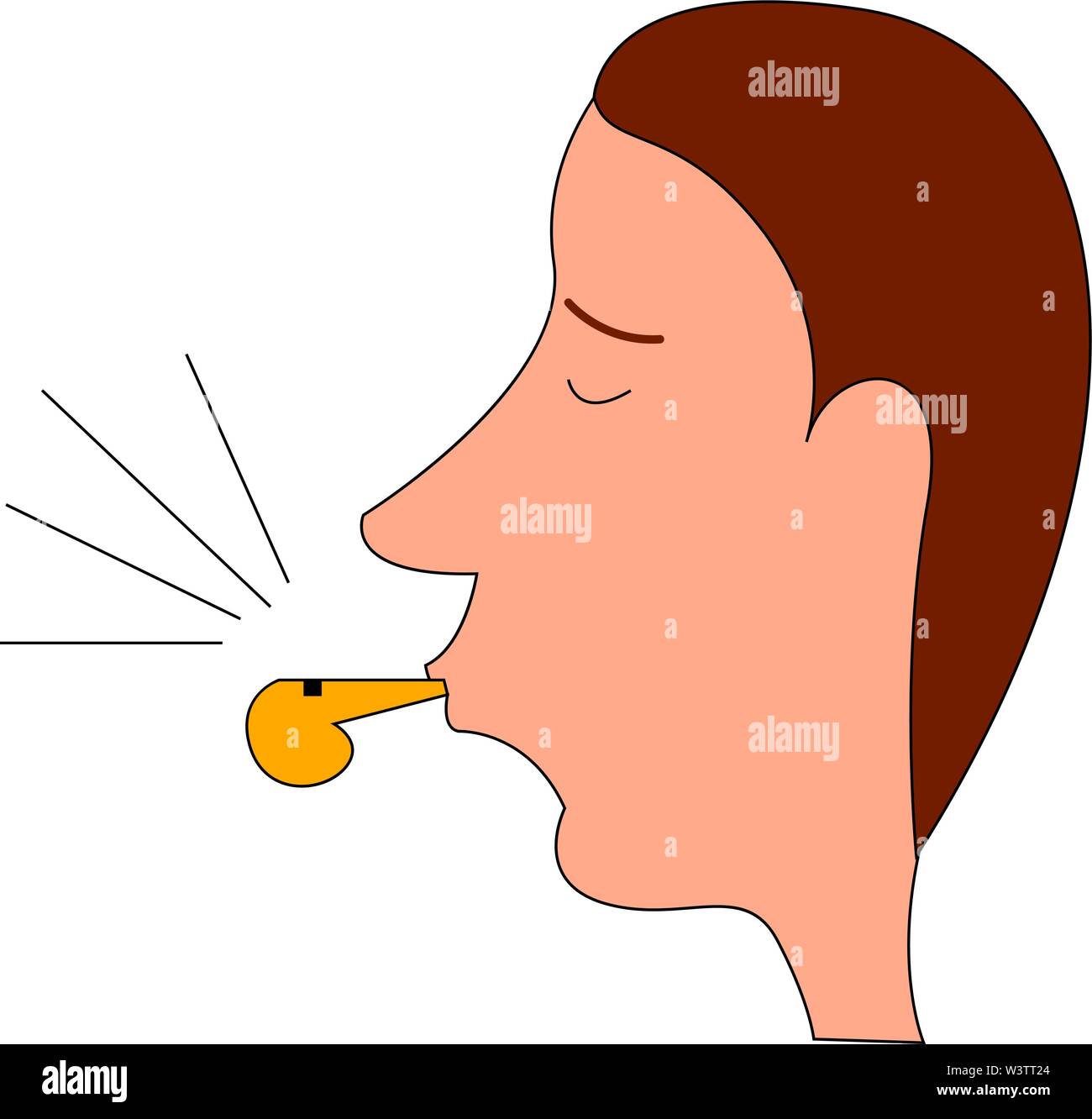 Man blowing whistle, illustration, vector on white background Stock