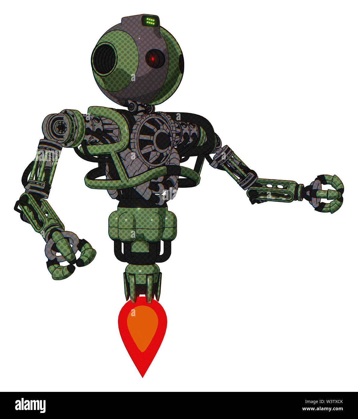 Cyborg containing elements: oval wide head, small red led eyes, green ...