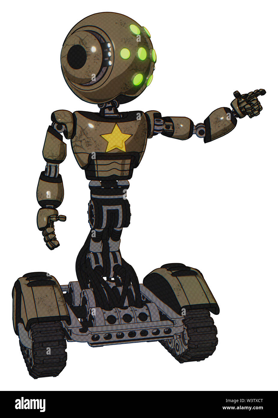 Droid containing elements: round head, green eyes array, head light