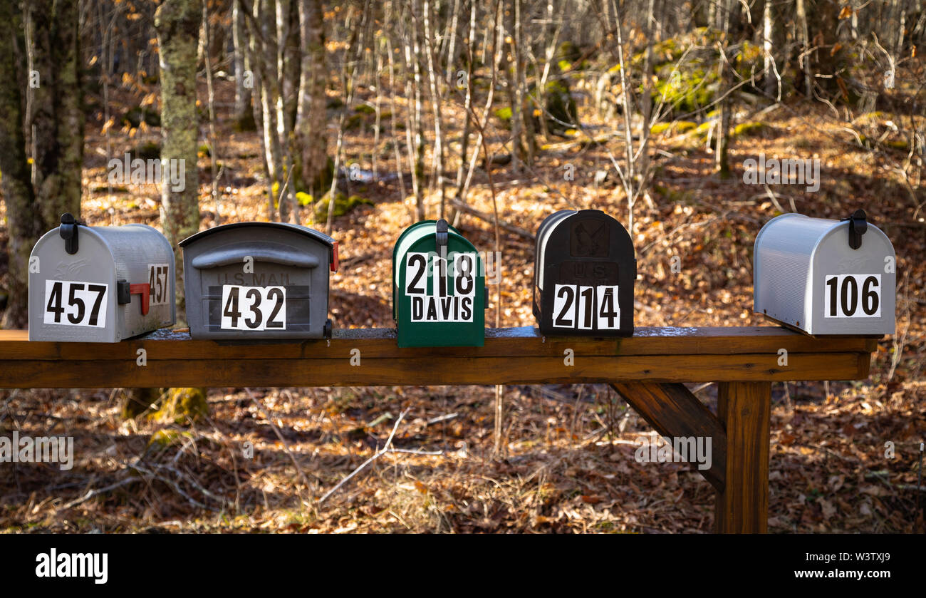 Numbered mailboxes, in a rural area near Bakersville, Mitchell County, North Carolina, USA. Stock Photo