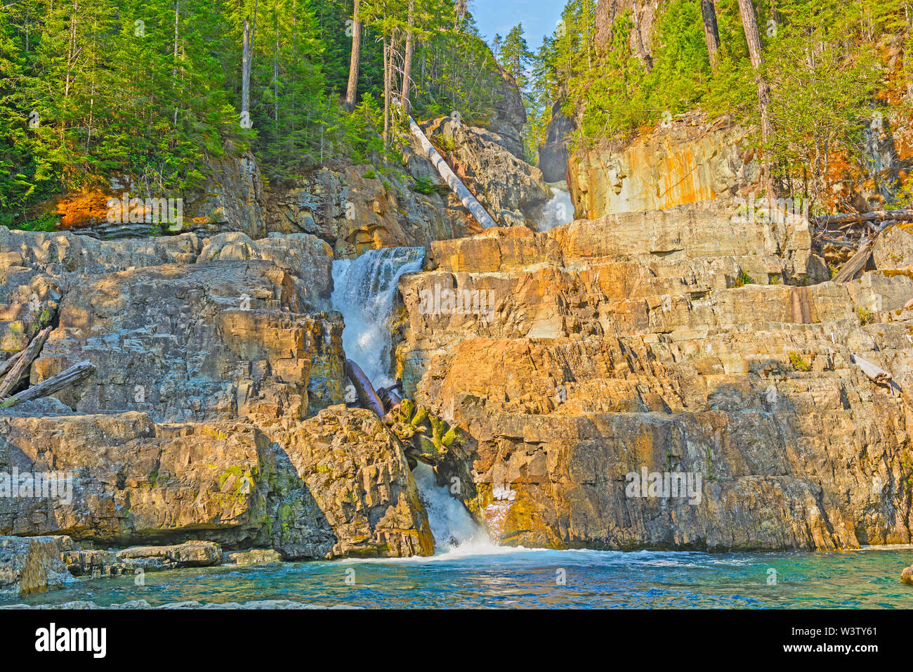 Morning Light on Lower Myra Falls in Strathcona Provincial Park in Canada Stock Photo