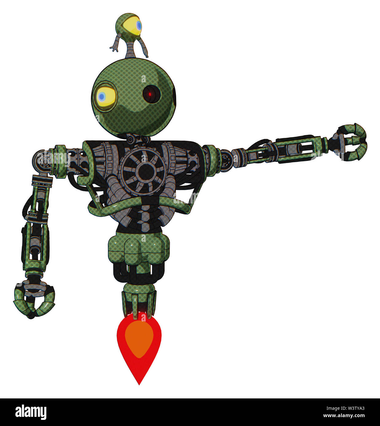 Bot containing elements: oval wide head, small red led eyes, minibot ...