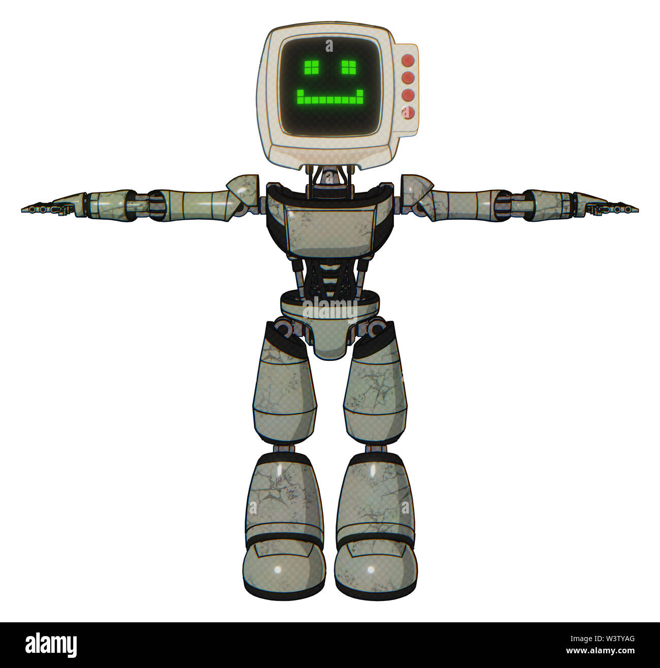 Robot containing elements: old computer monitor, happy pixel face, red  buttons, light chest exoshielding, ultralight chest exosuit, light leg  Stock Photo - Alamy