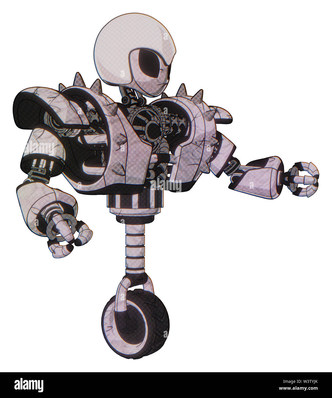 Robot containing elements: grey alien style head, black eyes, helmet, heavy  upper chest, heavy mech chest, shoulder spikes, unicycle wheel. Material  Stock Photo - Alamy