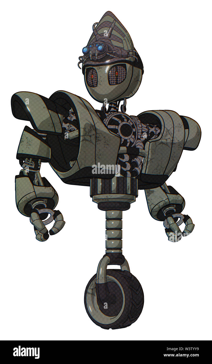 Droid containing elements: grey alien style head, metal grate eyes, alien  bug creature hat, heavy upper chest, heavy mech chest, unicycle wheel Stock  Photo - Alamy