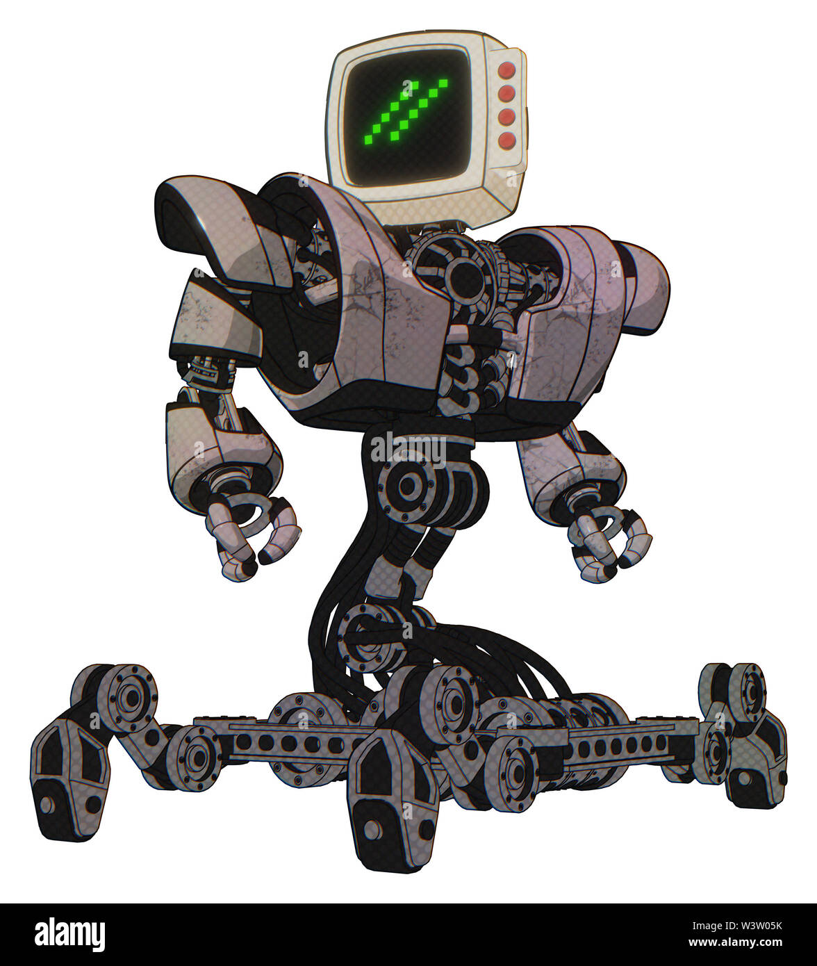 Robot containing elements: old computer monitor, double backslash pixel  design, red buttons, heavy upper chest, heavy mech chest, insect walker  legs Stock Photo - Alamy