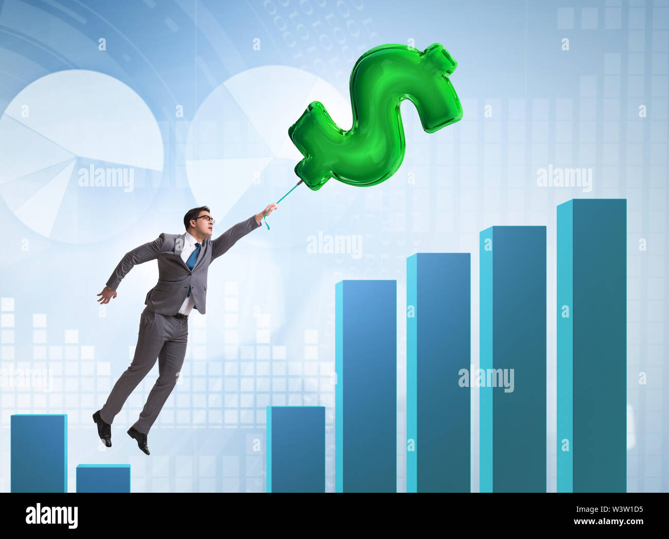 Businessman flying on dollar sign inflatable balloon over financials ...
