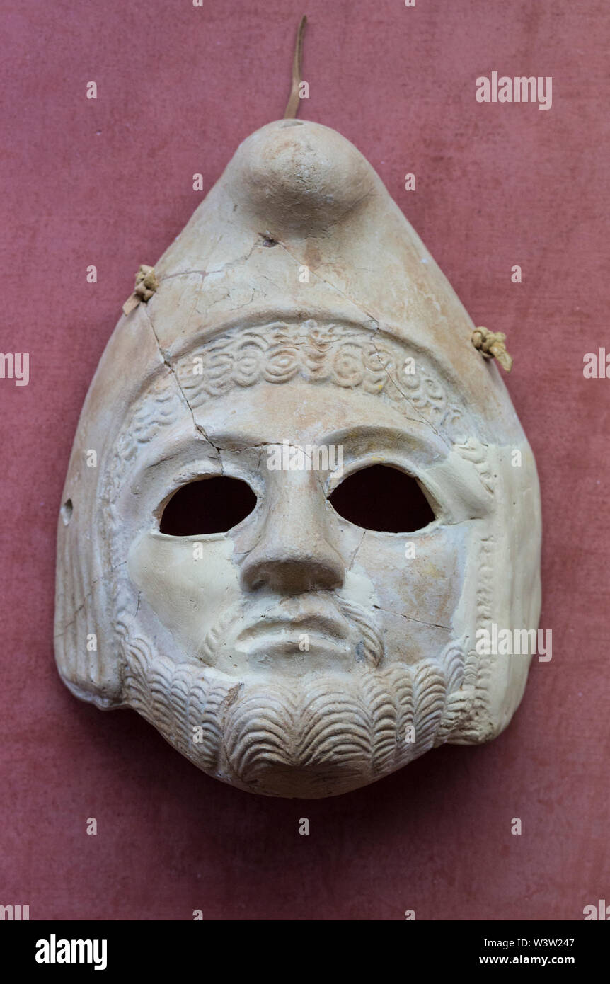 Merida, Spain - December 20th, 2017: Theatre mask in stucco at National Museum of Roman Art in Merida, Spain Stock Photo