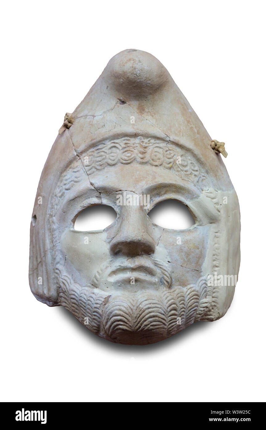 Merida, Spain - December 20th, 2017: Theatre mask in stucco at National Museum of Roman Art in Merida, Spain. Isolated Stock Photo