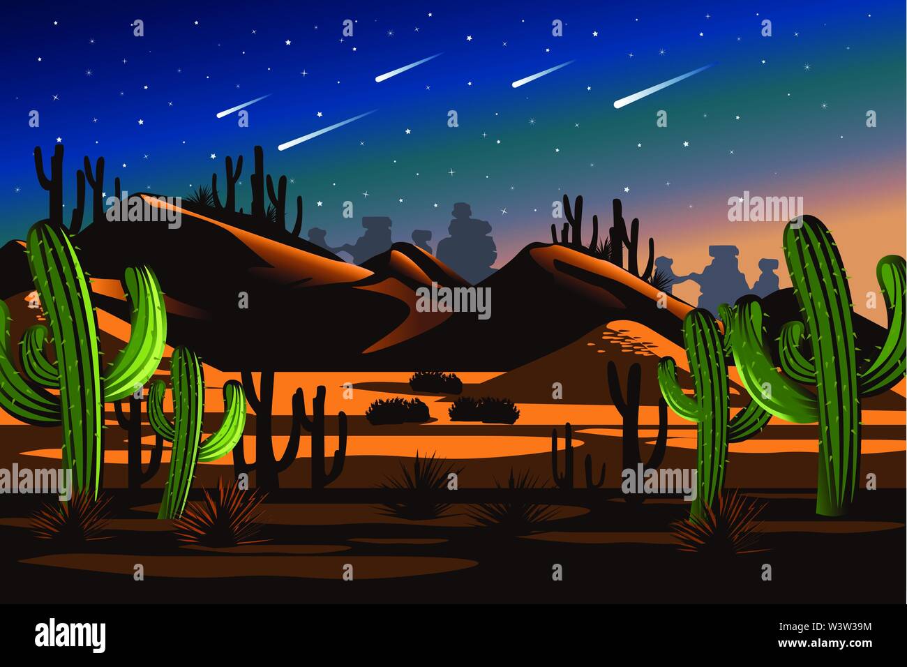 A vector illustration of Desert Cactus Nighttime Landscape Nature Stock ...