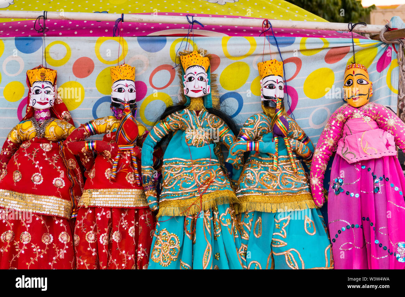 Traditional Rajasthan String Puppets for Sale on the Street in Jaipur in Rajasthan India wher Puppetry is and Ancient Tradition and Entertainment . Stock Photo
